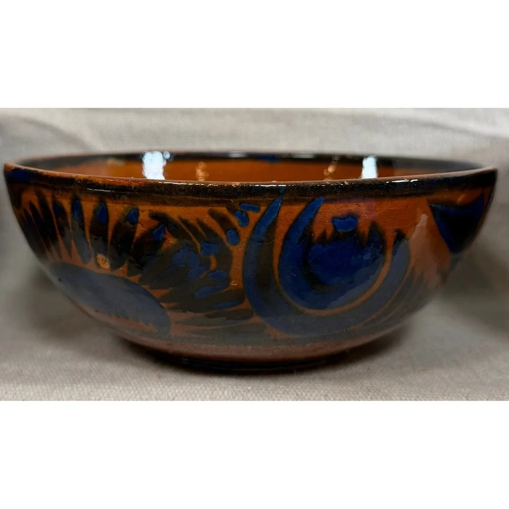 Vintage Handmade Mexican Tonala Pottery Nesting Bowls Set of 3 Terracotta Blue